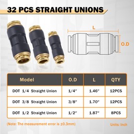 CheeMuii 32 PCS DOT Air Line Fittings 1/4" 3/8" 1/2" DOT Push Lock Air Fittings Brass and Plastic Straight Unions Quick Connect Air Hose Fittings Repair Kit