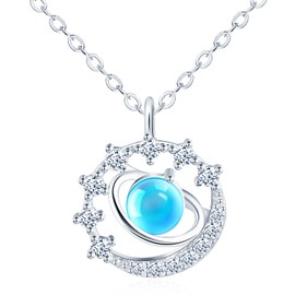 MOOFUN Moonstone Planet Necklace Zircon Moon Women's Chain 925 Sterling Silver Round Pendant Necklaces for Mum Girlfriend Girl Sister Wife Fashion Jewellery Women Gift Birthday Gift, Sterling Silver