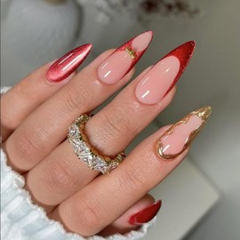 24Pcs Almond Press on Nails Medium Fake Nails with Designs Gold Lines Stick on Nail Retro Red Acrylic False Nail French Glossy Artificial Nail Full Cover Glue on Nails for Women