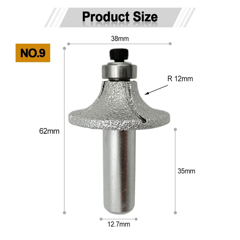SHDIATOOL 1/2 Inch Shank Round-Over Router Bits 12MM Radius Corner
