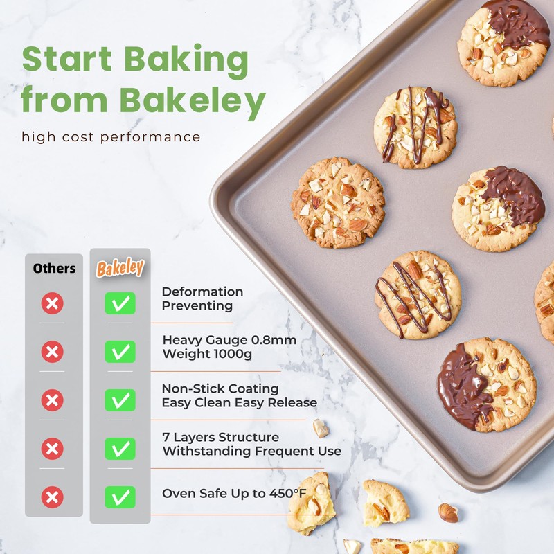 Bakeley 0.8mm 17-Inch Half Sheet Baking Pans,0.8mm Durable Non-Stick Carbon