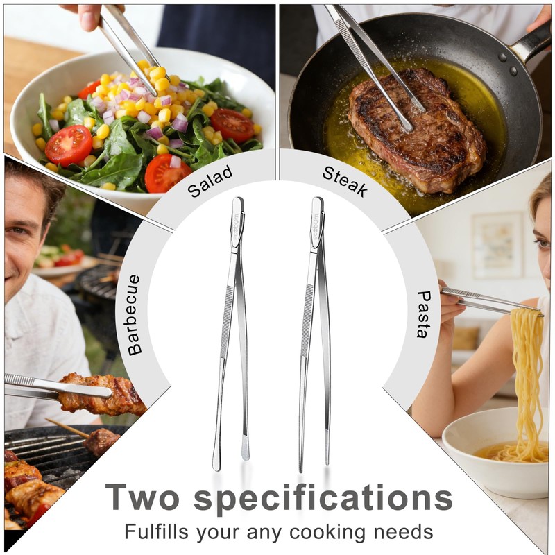 2 Pcs 12-Inch Stainless Steel Kitchen Tweezers, Dual-Tip Serrated Tongs