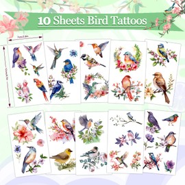 Konsait Bird Party Favors Kids Tattoos Temporary for Girls, 10 Sheets Fake Tattoos Hummingbird Tattoo Stickers with Flowers Bird Birthday Decorations Makeup Party Favors