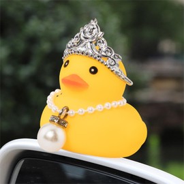 wonuu Car Rubber Duck, Yellow Duck Decoration Dashboard with Sun Hat Necklace Sunglasses for Car Dashboard Decorations, D-Duck-Queen Crown-Big Pearl
