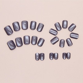 Square Press on Nails Short Cat Eye False Nails Glitter Glue on Nails Crystal Discoloration Acrylic Nails Press ons Grey Purple Fake Nails Glossy Cat Eye Artificial Stick on Nails for Women 24Pcs