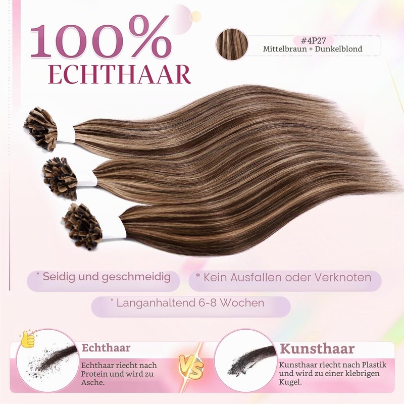 Elailite U-Tip Real Hair Bonding Extensions, Keratin Hair Extensions, Straight,