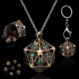 SUDESMO Mini Metal DND Dice Set Hollow D20 Necklace Dice DND Case Metal Dice Set DND Keychain 7PCS Dice Set Bronze Green