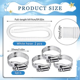 Pack of 2 pool hose, white, hose for pool pump, hose 32 mm length 149.9 cm, with 4 pieces safety clip, universal pool hose 32 mm, replacement hose for above-ground pool filter pump