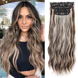 Gairyan Clip in Hair Extensions 4PCS Curly Wavy Long Hair Pieces Full Head Synthetic Hair Extension Thick Natural Look for Women, 22 Inches 180g, Chestnut Brown & Platinum Blonde