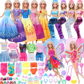 42 Pcs 11.5 inch Doll Clothes & Accessories, 2 Princess Dresses 2 Sequin Fishtail Swimsuits 2 Tops 1 Skirt 1 Pants 3 Bikini 1 Butterfly Wing Clothing, Doll Hangers Shoes ... for Girls Gift Age 3-6 5-7