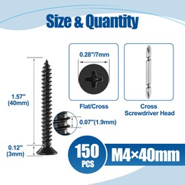 ANCHOREASE M4×40mm Wood Screw 150Pcs, Black Carbon Steel Self Tapping Screws, Flat Head Phillips Fast Self Tapping Screws