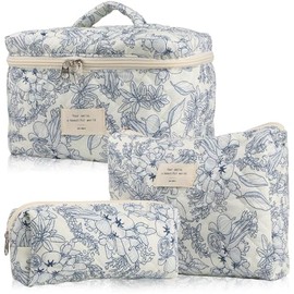 POWZOO Set of 3 Women's Cosmetic Bags Toiletry Bag with Floral Pattern, Toiletry Bag, Make Up Bag, Portable Makeup Bag, Wash Bag, Large Women Girls for Everyday Use and Travel, Blue/White, Modern