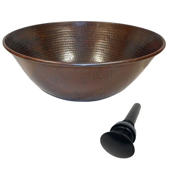 14" Round Hand Hammered Copper Vessel Bathroom Sink with Pop-Up Drain Included