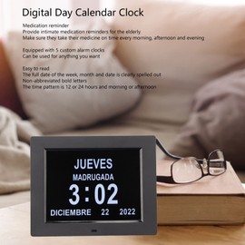 Reloj Calendario Digital con Recordatorios de Medicamentos, Pantalla de Fuente Grande, Varios Idiomas, Atenuación Automática para Personas Mayores (Enchufe de EE. UU.)