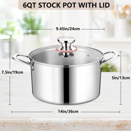 Stainless Steel Stock Pot, Homikit 6QT Large Stockpot with Glass Lid, Heavy Duty Tri-ply Pasta Chicken Soup Pot Induction Cookware for Steaming and Stewing, Dishwasher Safe