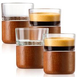 USEEKRIL Espresso Shot Cups Set of 4, 2.8 OZ Glass Cups with wooden Sleeve, Shot Glasses, Clear mug, Espresso Accessories for Machine, Small