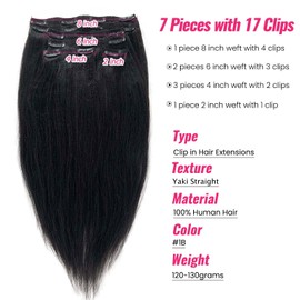 Yaki Clip in Hair Extensions Human Hair #1b Natural Black Yaki Straight Hair Extensions Real Human Hair Clip ins for Black Women 12 Inch 120grams 7pcs Double Weft Light Yaki Clip in Extensions