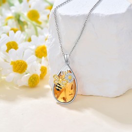 LONAGO Amber Honey Bee Necklace Silver Daisy Bee Pendant Necklace Amber Drop Necklace Gift for Women