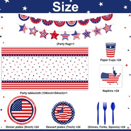 Lecheme 170 Pcs Patriotic American Flag Plates Napkins Cups Tablecloth Banner Red White Blue Party Supplies for 4th of July, Memorial Day Independence Day Decorations Serve 24