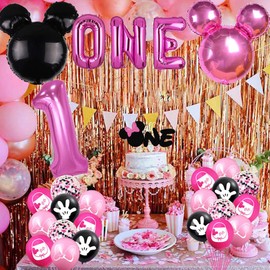 185 Pcs Pink 1st Birthday Party Decorations, Girls Onederful Balloons Arch Garland Kit, Pink Cartoon Onederful Backdrop, TableCloth, Tableware for Girl's First Birtdhay Party Supplies
