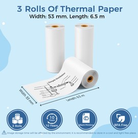 Ponek White Mini Printer Paper, Compatible with Sticker Maker Y02C/T02/M02X/M02L/Q02, 53mm x 6.5m Thermal Non-Sticky Paper for 10 Years, Thermal Printer Paper Suitable for Journal, Photo, Notes