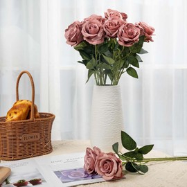 Laelfe 12 Pcs Dusty Pink Artificial Roses, 21in Realistic Single Long Stem Silk Dusty Pink Flowers Fake Rose Bridal Bouquet for Wedding Home Party Arrangment Hotel Garden Decoration (Dusty)