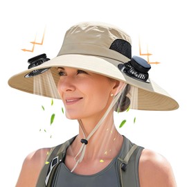 Solar Fan Hat, Outdoor Wide Brim Sun Hat for Men Women UPF 50+ Bucket Hat Hands-Free Cooling for Fishing Hiking Gardening (US, Alpha, One Size, X-Large, Khaki)