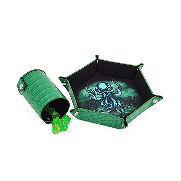 CASEMATIX Folding Dice Rolling Tray and Dice Cup Shaker Set - Portable DND Dice Tray and Felt Cup Dice Shaker, Full-Color Arena Printing and Foldable Design
