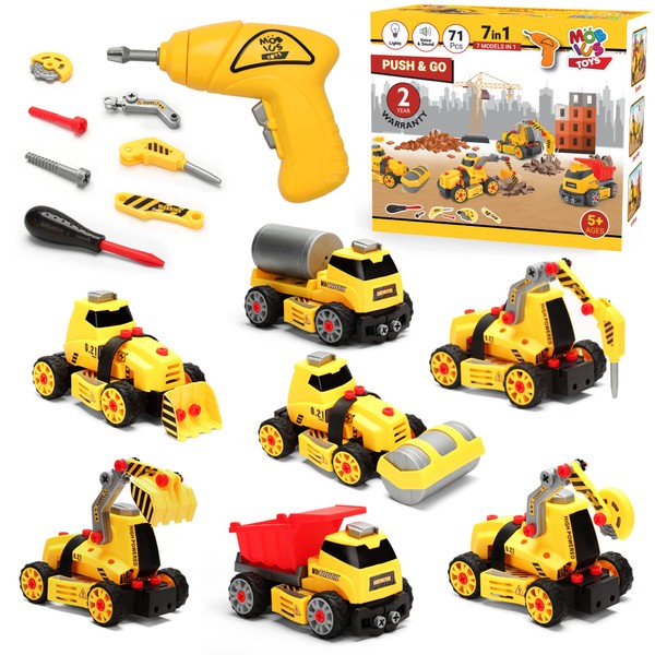 MOBIUS Toys 7 in 1 Take Apart Truck Construction Set - STEM Learning Kids Builder PlaySet w/Electric Drill, DIY Engineering Building w/Lights, Sounds, Push & Go, Boys & Girls, Ages 4-7 Years Old