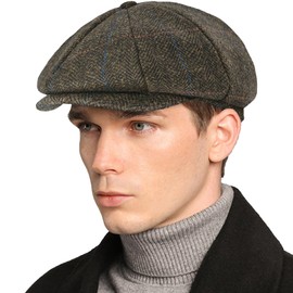 Men’s Woolen Newsboy Cap Tweed Gatsby Ivy Cabbie Flat Golf Hat Present for Fathers Women Unisex, Herringbone Plaid Brown, 7-7 1/8