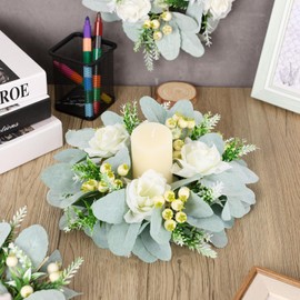 6 Pcs Wedding Candle Rings Lamb Leaf Wreath Mini Artificial Spring Summer White Rose Floral Wreaths for Wedding Party All Seasons Farmhouse Home Table Decoration