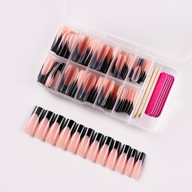 120 Pcs French Tip Press on Nails Long Square Fake Nails Black French Nails Press Ons Nude Glossy Acrylic Glue On Nails Full Cover False Nail Tips Kit for Women DIY Nail Art Manicure 10 Size