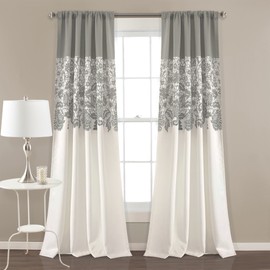LUSH DÉCOR Estate Garden Print Curtains Light Filtering Window Panel Set for Living, Dining, Bedroom (Pair), 84 in x 52 in, Gray