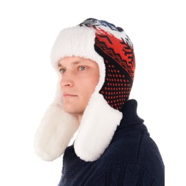Team Snowflake Winter Trapper Hat for Men - Fun Ushanka Hat with Ear Flaps, White - Red and Blue, One Size