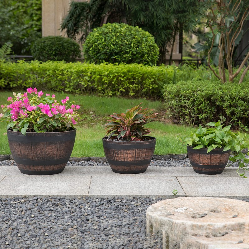 Brown Outdoor Rustic Half Barrel Flower Garden Planter Bowl, Plastic,