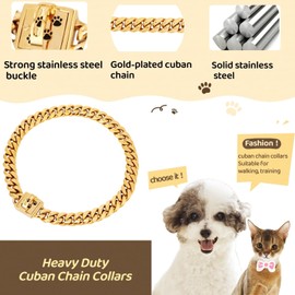 QICHENMAO Gold Chain Dog Collars 15MM Stainless Steel Cuban Link Chain Collar with Secure Buckle Design, Metal Walking Training Collars, Chew Proof, Suitable for Small Medium Large Dogs (Gold,22'')