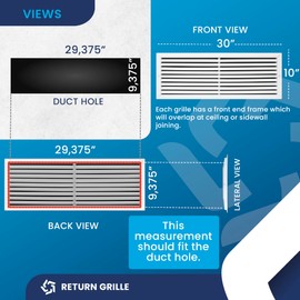 30" x 10" Duct Hole [31.6" x 11.6" Face] Aluminum Return Grille HVAC Ceiling or Sidewall - Rustproof - Fixed Blades - No Louver, No Filter, No Adjustable Fins, Without Damper