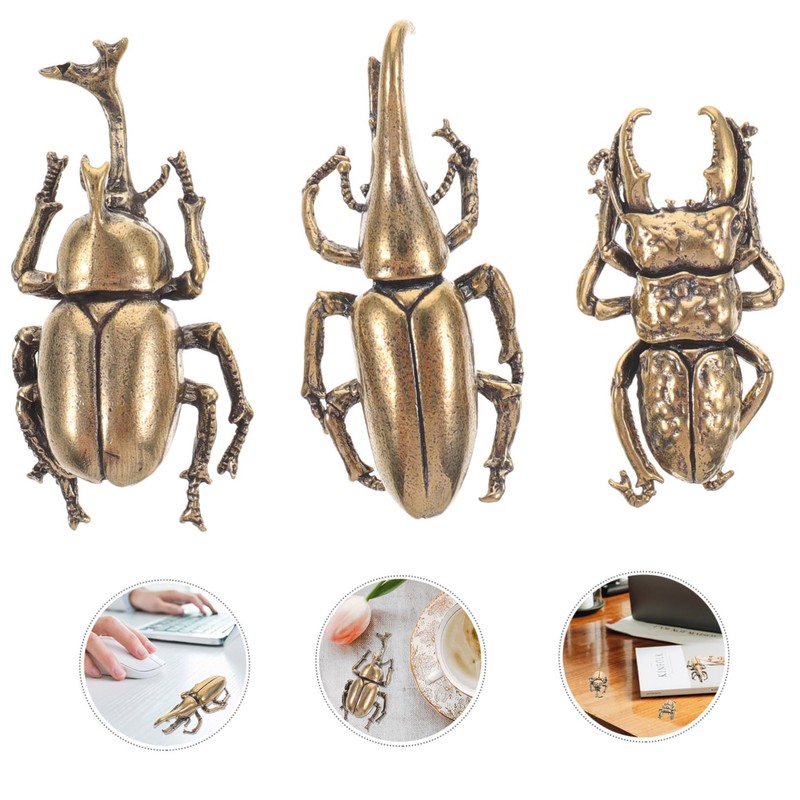3 Pieces Beetle Ornaments Brass Bugs Figurine Small Beetle Statue
