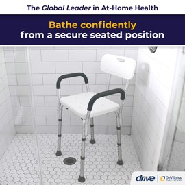 Drive Medical 12445KD-1 Shower Chair with Back and Padded Arms, Adjustable Height Bath Stool with Nonslip Feet, Tub Chair for Elderly, Bath Seat with Back, 350 LB Weight Cap, White