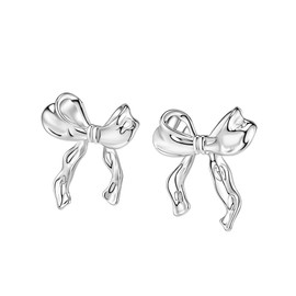 TONLUYAX Silver Bow Earrings Women Ribbon Stud Earrings Hypoallergenic Bowknot Earrings