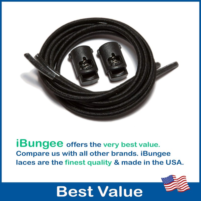 iBungee Cordones Elásticos 96 cm, Negros con Sujetador Negro