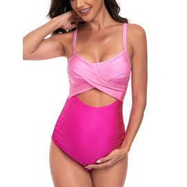 EastElegant Maternity Cutout One Piece Swimwear Front Cross Pregnancy Bathing Suit with Wrap Tie Back Pink L