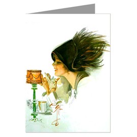 Twelve notecards of Harrison Fisher's Celebrated Illustrations Of Women this one featuring an American Beauty with a boudouir lamp and tea cup