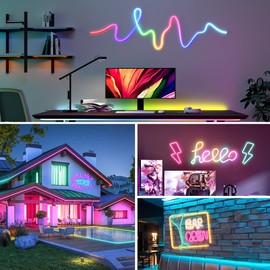 BTF-LIGHTING 13.1FT WS2811 WS2812B IC RGB 360 Degree Round Reticulate Chasing Color Neon LED Strip Kit Bluetooth Controller Flexible Silicone IP67 Waterproof Rope Light for Home Decor DC5V(No Adapter)