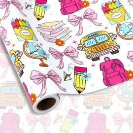 JarThenaAMCS Back to School Wrapping Paper -Mini Roll- 17 Inch x 32.8Ft Bow School Bus Book Pencil Gift Wrap Paper Art Paper for Birthday DIY Crafts