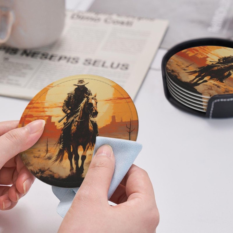 Famame 6 Pcs West Desert Cowboy Sunset Leather Coasters for