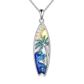 JBAERD Palm Tree Necklace Sterling Silver Surfboard Pendant Palm Tree Surfboard Jewelry Gifts for Women