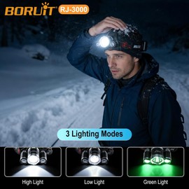 BORUIT RJ-3000 Rechargeabe LED Headlamp Super Bright with Green Light, 3 Modes Super Bright USB Head Lamp IPX4 Waterproof Headlight for Adults USB Outdoor Fishing Camping