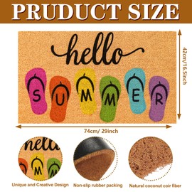 JarThenaAMCS Hello Summer Natural Coir Door Mat Colorful Summer Slippers Welcome Floor Mat Non-Slip Entrance Door Rugs for Indoor Outdoor Home Bathroom Decor, 16.5 x 29 Inch