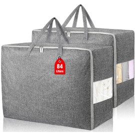 2Pack 84L Large Storage Bags, Folding Moving Comforter Blanket Storage Bags Closet Organizers and Storage Containers with Strong Handles&Zippers Clear Window for Clothes Bedding Pillow, Grey